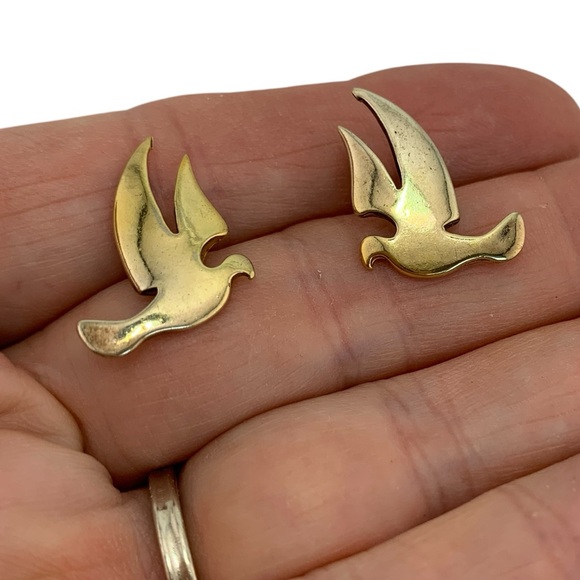 STERLING SILVER 925 GOLD VERMEIL Bird Dove Seagull Tern Post Pierce Vintage 7/8" - Picture 2 of 9